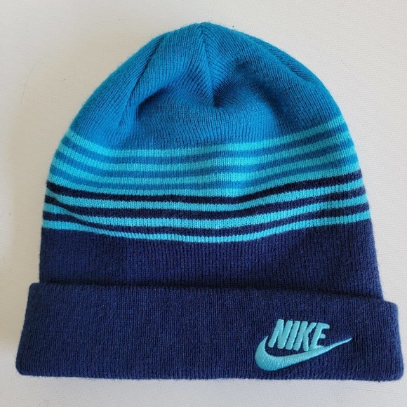 Nike Youth Boys Big Kids O/S Blue Ombre Embroidered Striped Knit Cozy Beanie Hat - Picture 5 of 10